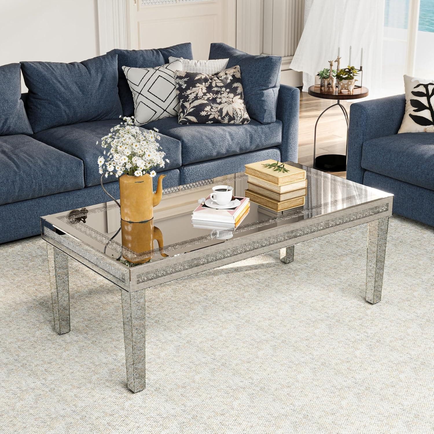 LuxusKollektion Couchtisch Couchtisch Glas Kristall Verspiegelt Silber Diamant 120 x 60 x 45 cm