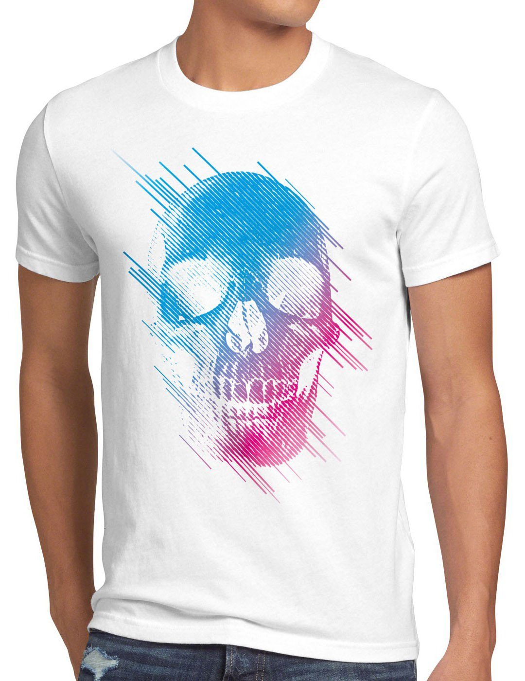Print-Shirt weiß Herren schädel rocker punk totenkopf style3 T-Shirt Neon hipster tattoo Skull festival