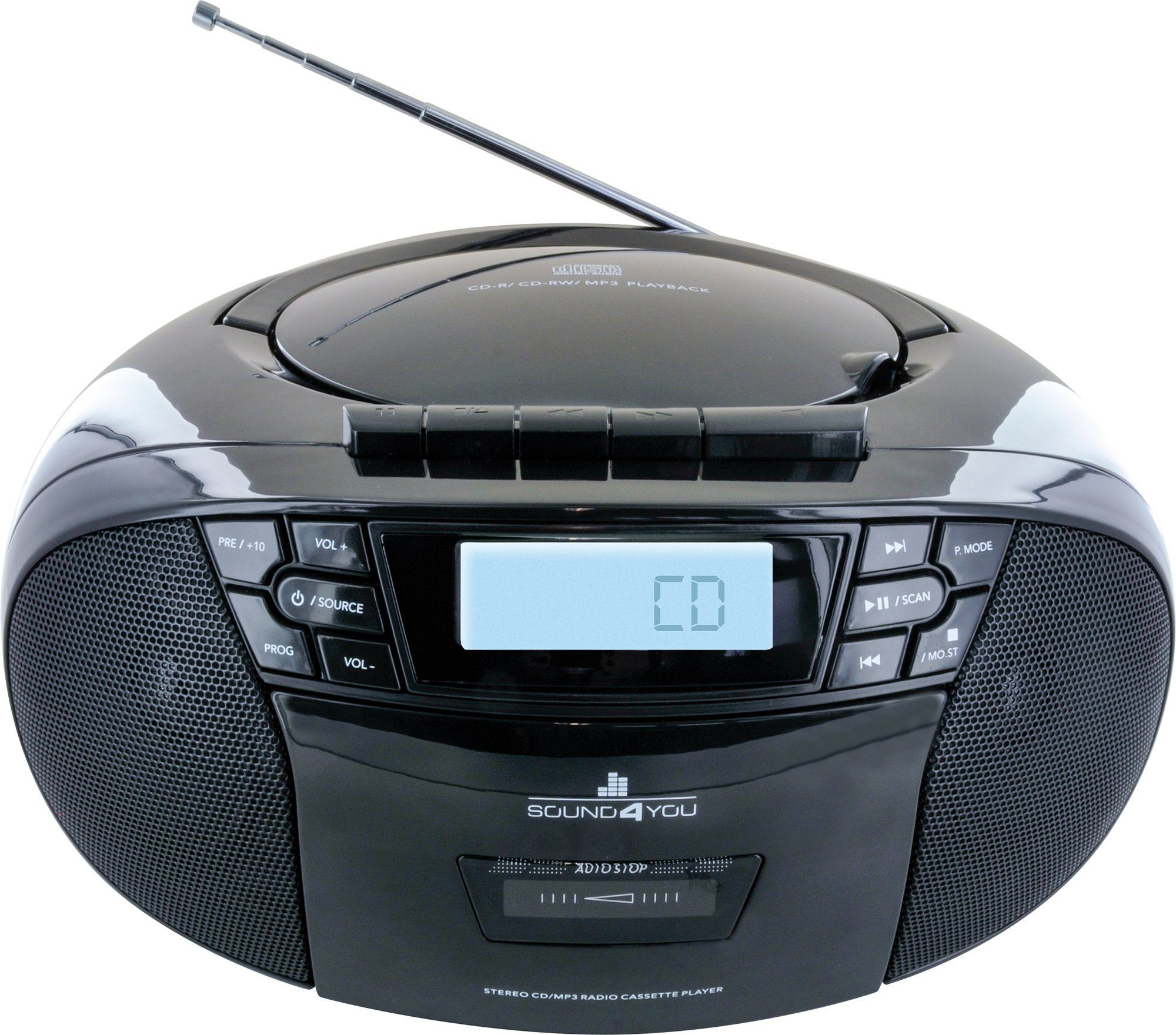 W, Musikgenuss, Schwaiger oder 658026 per Netzkabel mit Kassettendeck), CD-Player, (FM, Boombox Stereo Boombox 2.4 batteriebetrieben
