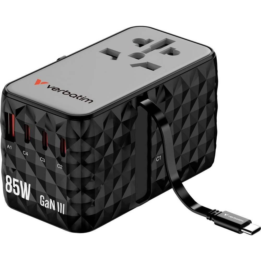 Verbatim Charge 'n' Travel GaN III Reiseladeadapter 85 W 1x USB-A, 3x USB-C® USB-Ladegerät (GaN, mit Europa-Adapter, mit UK-Adapter, mit USA-Adapter)