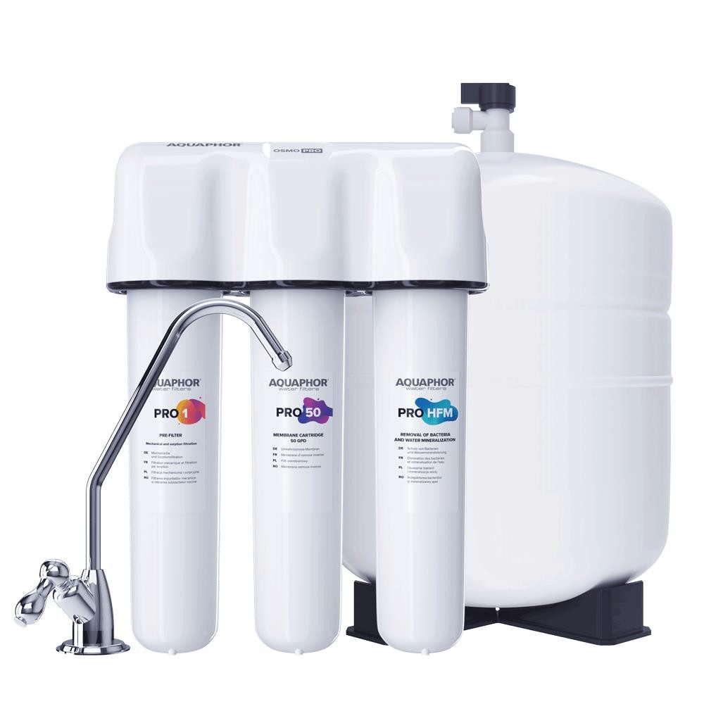 Aquintos Wasseraufbereitung Untertisch-Trinkwassersystem PRO50-HFM Trinkwasser Umkehrosmosesystem, Keimsperre und Remineralisierung 7,8 Ltr./Std. - 190 Ltr./Tag