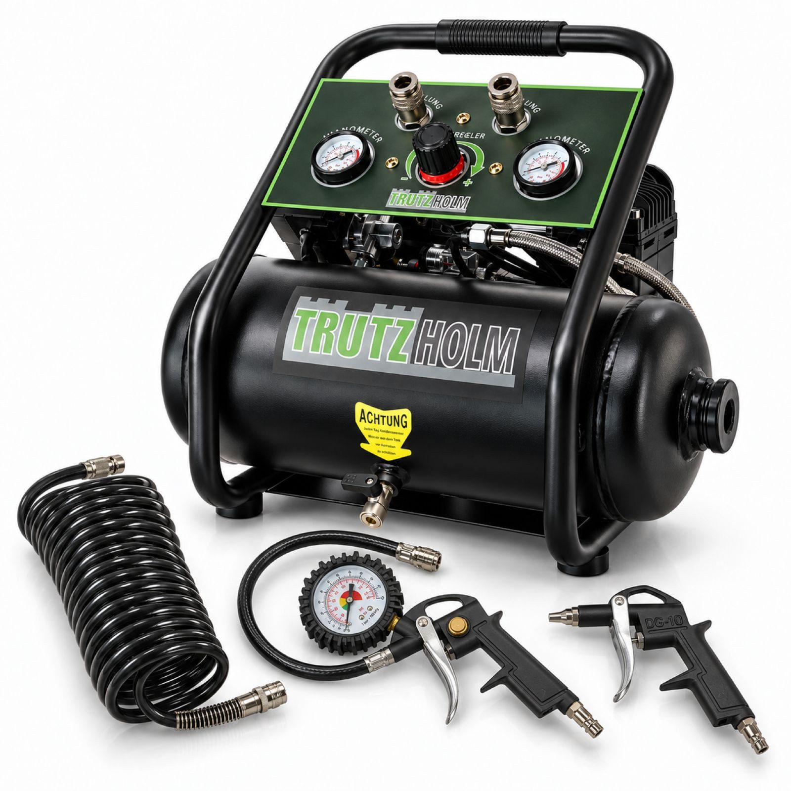 TRUTZHOLM Kompressor Brushless Silent Flüsterkompressor 9L – 900 W,62dB,8 bar inkl. Zubehör, max. 8 bar, 9 l, Komplett-Set