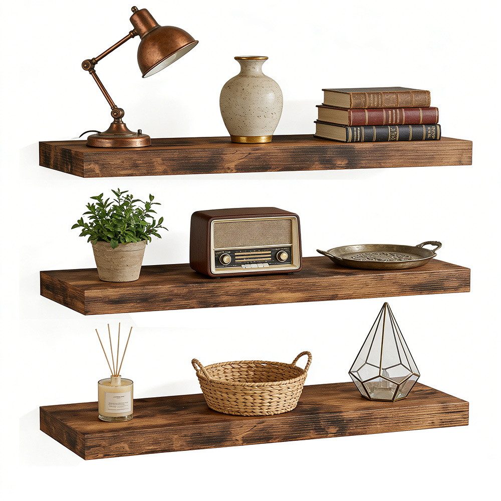 PFCTART Wandregal Wandregal 3er Set 40 cm Vintagebraun aus MDF & Stahl, Set 3-tlg., Schweberegal belastbar bis 10 kg – modern & platzsparend