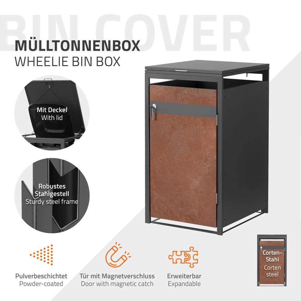 ML-DESIGN Mülltonnenbox Müllbox aus Stahl wetterfeste Mülltonnen Verkleidung Mülltonnengarage, Mülltonnencontainer mit Klappdeckel/Tür für 1 Tonne 120 oder 240 Liter