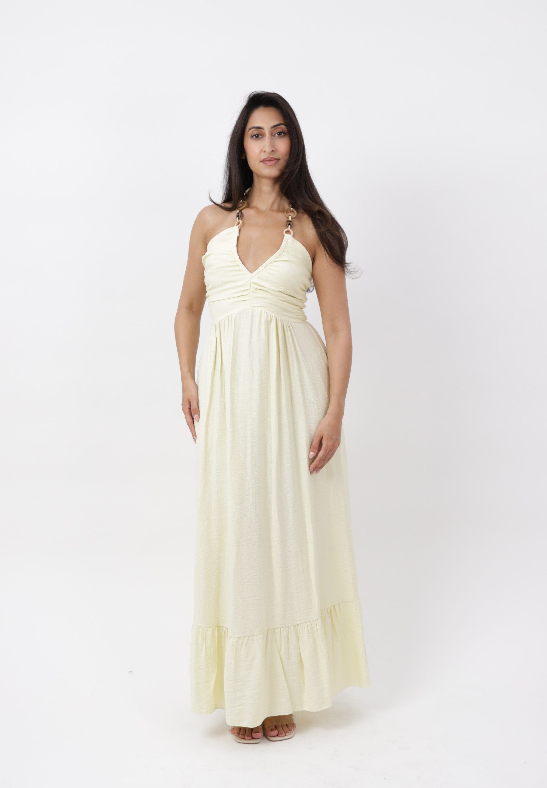 Elara Maxikleid Damen Maxikleid mit Neckholder, Schmuckringen und gerafftem Oberteil (1-tlg)