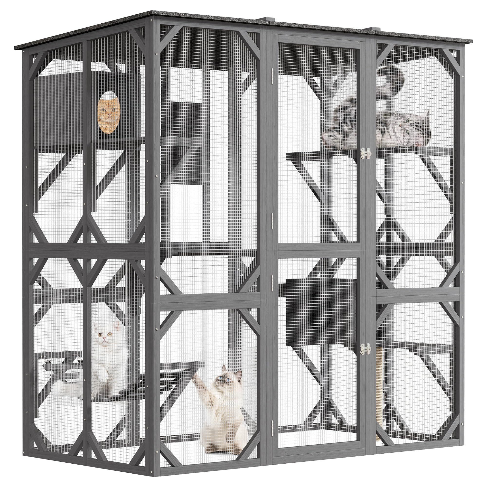 GarveeMore Katzentoilette Großes Holz Catio Outdoor Cat Gehäuse mit Perches und Condos