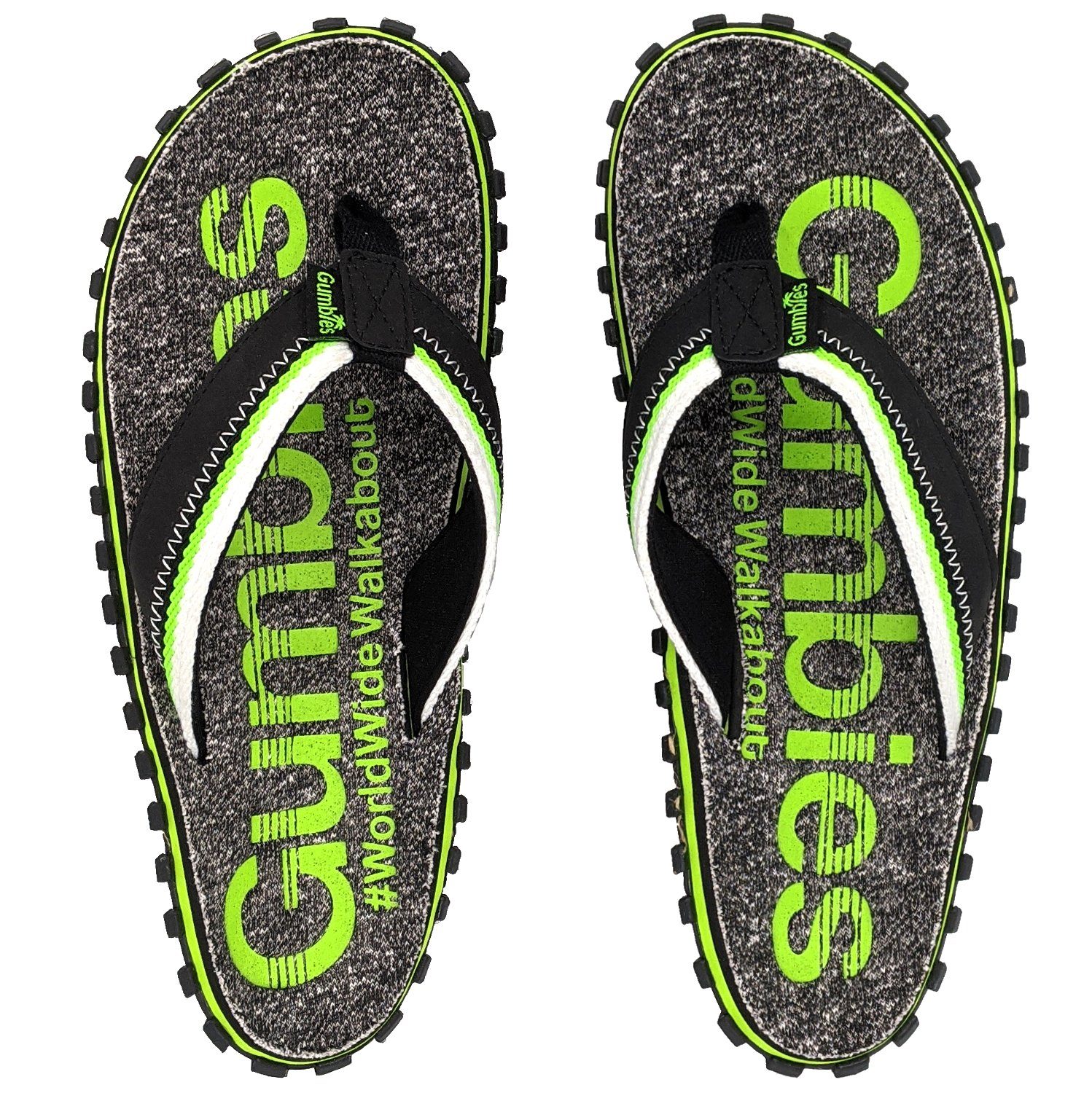 Gumbies Cairns in Lime T-Strap-Zehentrenner aus recycelten Materialien hergestellt, stabile Gummisole