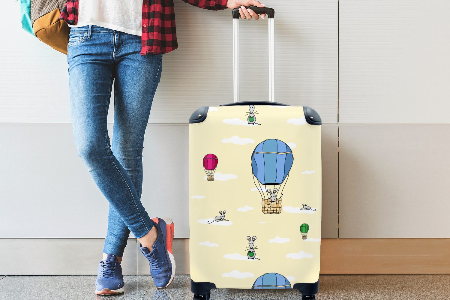 4 Trolley, MuchoWow rollen, Reisekoffer mit Ferien, Luftballon, Maus Rollen, Handgepäckkoffer Handgepäck für - Reisetasche Muster -