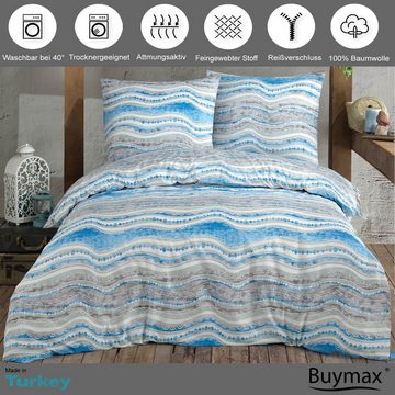 Bettwäsche, Buymax, Renforce: 100% Baumwolle, 2 teilig, 135x200 cm Bettbezug Set, mit Reißverschluss, Streifen, Blau Weiß Grau