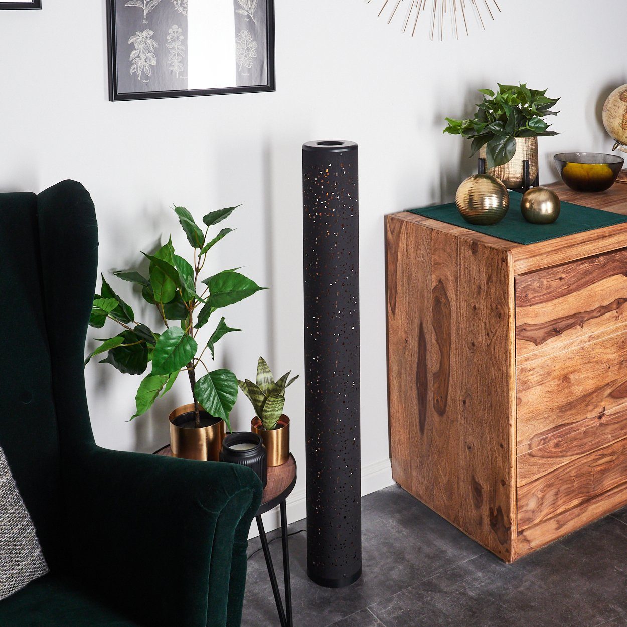 hofstein Stehlampe »Laerru« runde Bodenlampe aus Metall/Stoff in Schwarz/Kupferfarben, 3000 Kelvin, Standlampe mit Fußschalter und Glitzer-Effekt, 800 Lumen