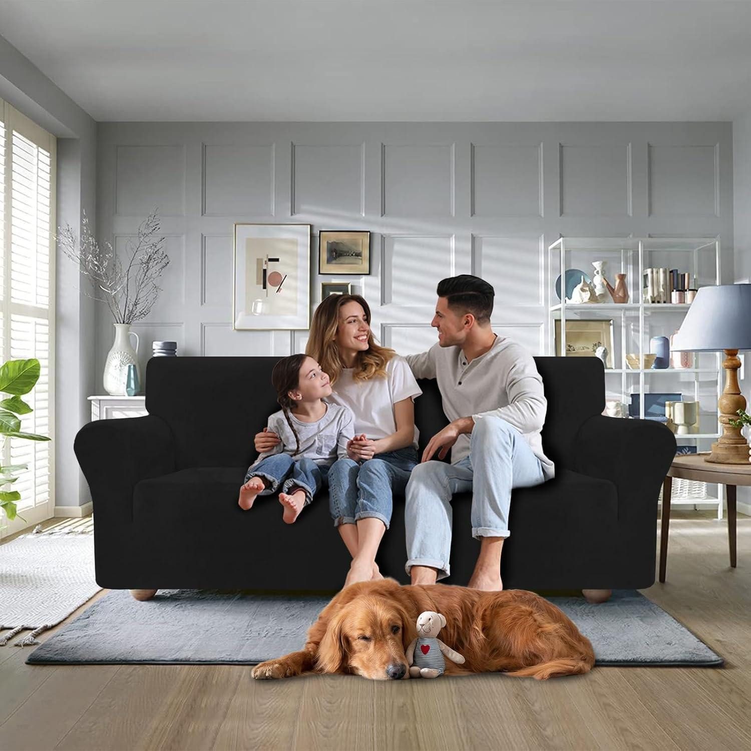 LuxusKollektion Sofahusse Sofabezug Samt elastisch 3 Sitzer Haustier rutschfest Schwarz 3 Sitzer, Couchbezug