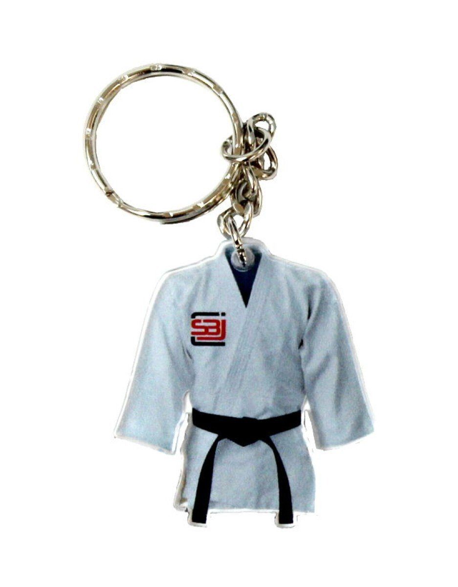 BAY-Sports Schlüsselanhänger mini Karate Anzug Karatejacke Karateanzug Anhänger Taekwondo Judo weiß (aus Acryl - Beidseitig sichtbar - sehr edel), Karatejacke mit schwarzen Gürtel, Budogürtel