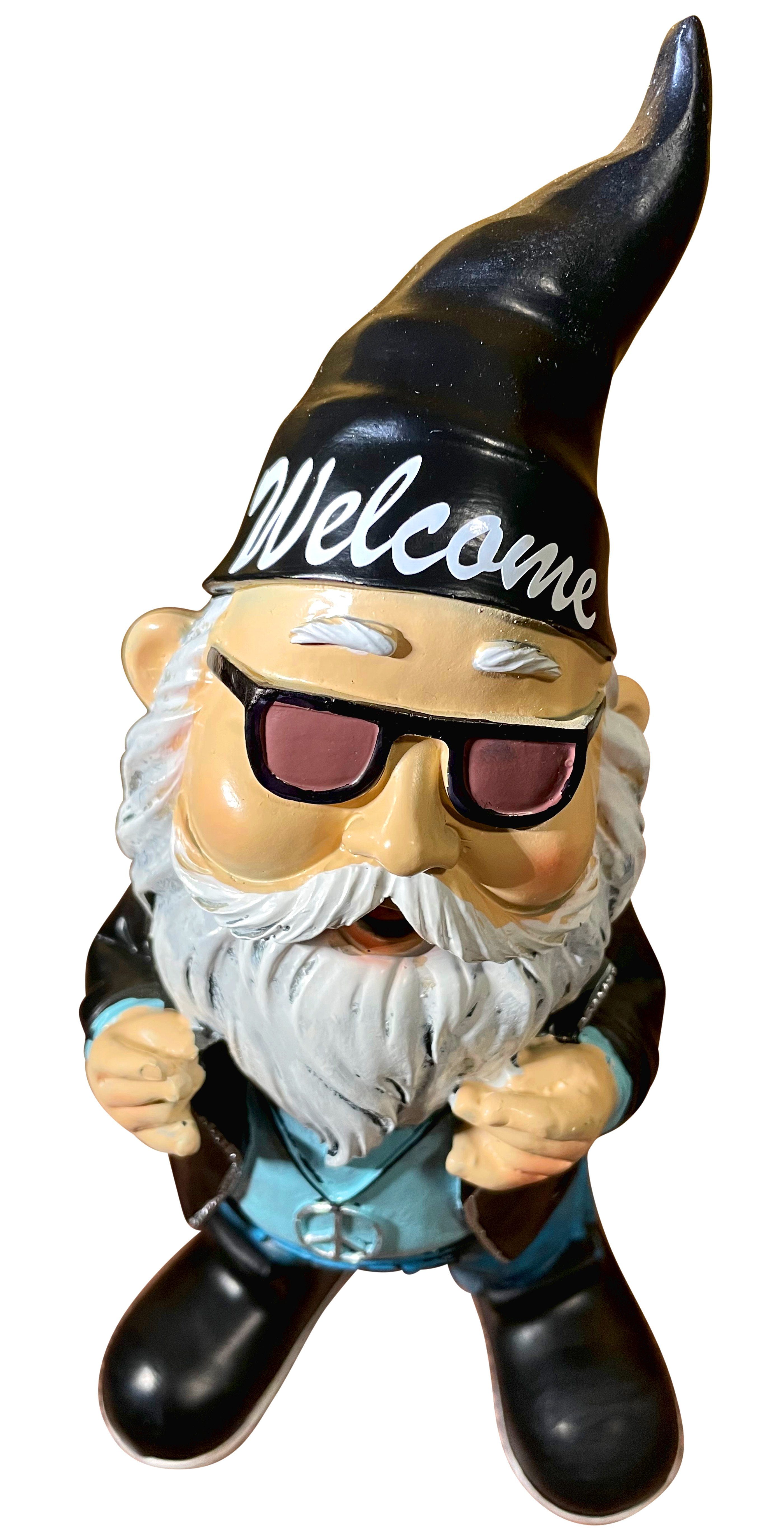 SEWAS Gartenzwerge Dekofigur Gartenzwerg Rocker mit Willkommensgruß Welcome, Dekofigur, Kunststein, wetterfest, handbemalt, Innen- und Außenbereich, 27cm, tolles Geschenk