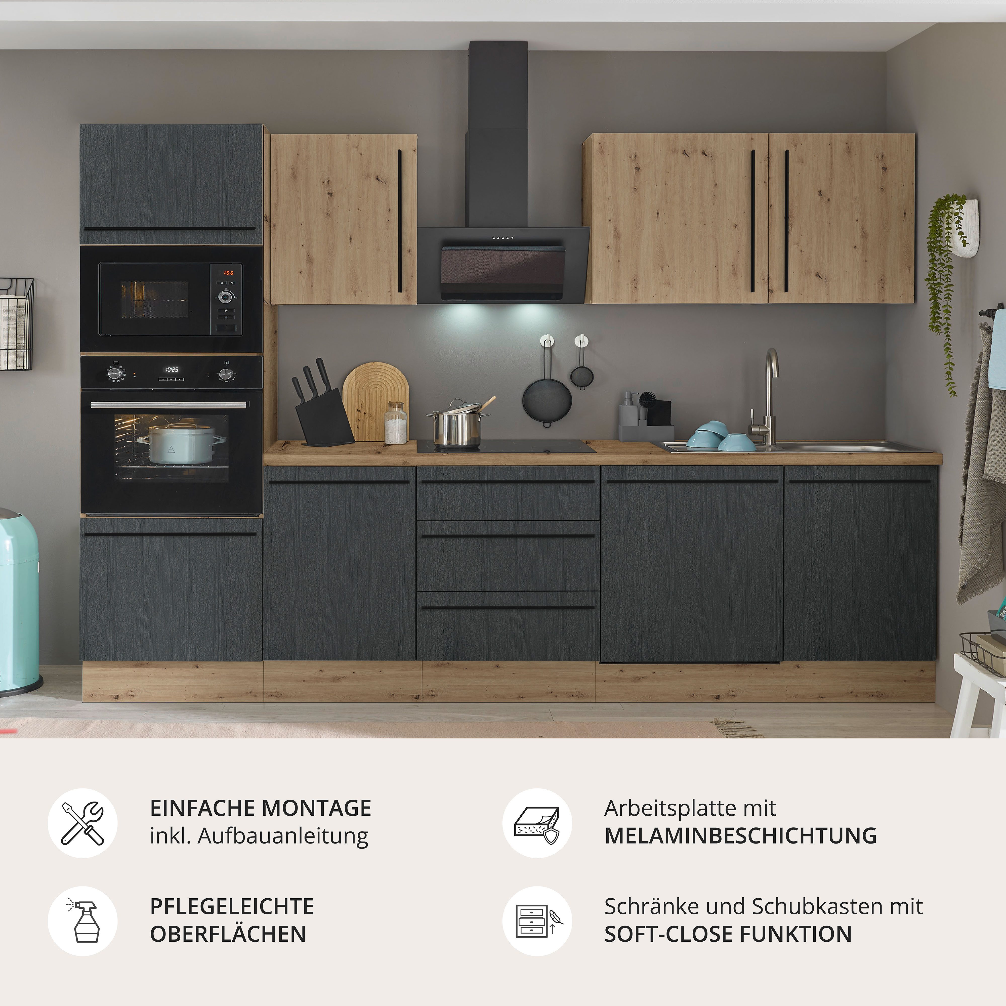 KOCHSTATION Küchenzeile Florida, Breite 280 cm, wahlweise mit E-Geräten,Softclose für Türen/Schubkästen