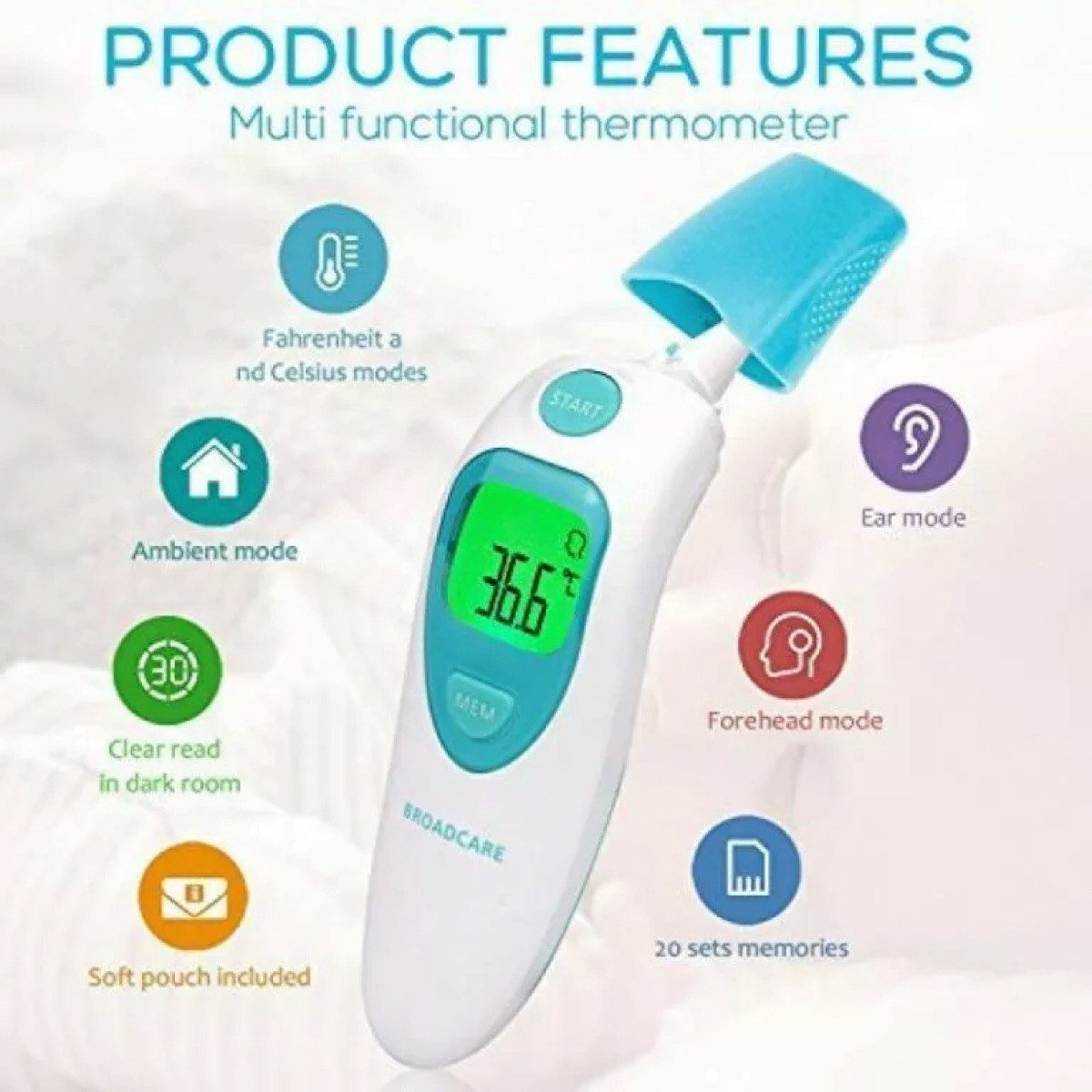 Broadcare Fieberthermometer Stirnthermometer Ohrthermometer Infrarot Thermometer, Für alle Altersgruppen geeignet, LCD Display, automatische Abschaltung