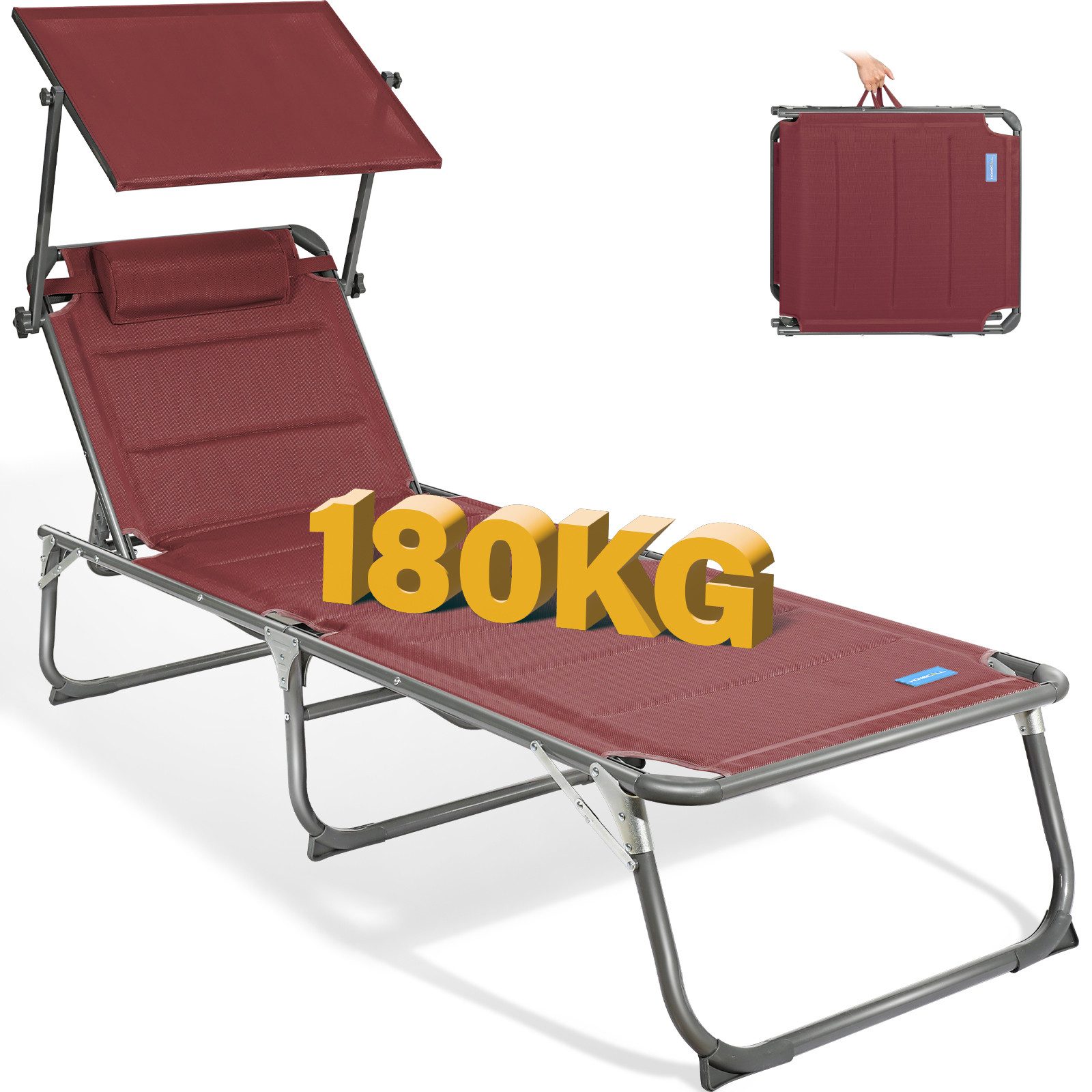 HOMECALL Gartenliege Sonnenliege AluLiege Liegestuhl Strandliege Liegen, klappbar, Textilene Mit Dickem Schwamm, Verstellbare Rückenlehne, Sonnenblende, Kopfpolster, bis 180KG