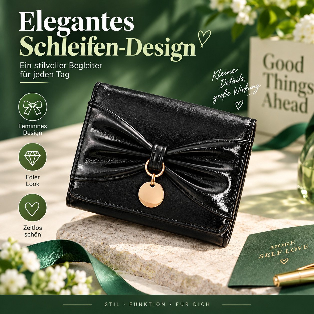 ibettertec Geldbörse mintgrün, mit Schleifen-Design, 5 Kartenfächer, PU-Material, (11,5x9x3 cm, , mit Schleifen-Design und goldfarbenem Herzanhänger), Weihnachtsgeschenk, Neujahrsgeschenk
