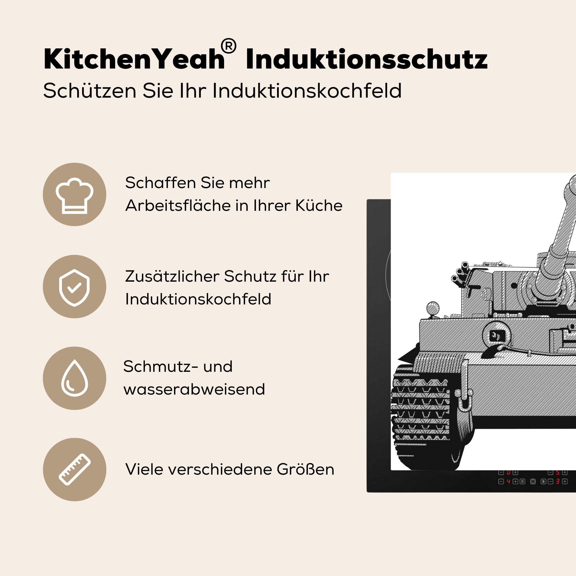 Illustration 78x78 küche Ceranfeldabdeckung, Vinyl, tlg), MuchoWow Tanks, für (1 Arbeitsplatte Herdblende-/Abdeckplatte cm, grauen eines