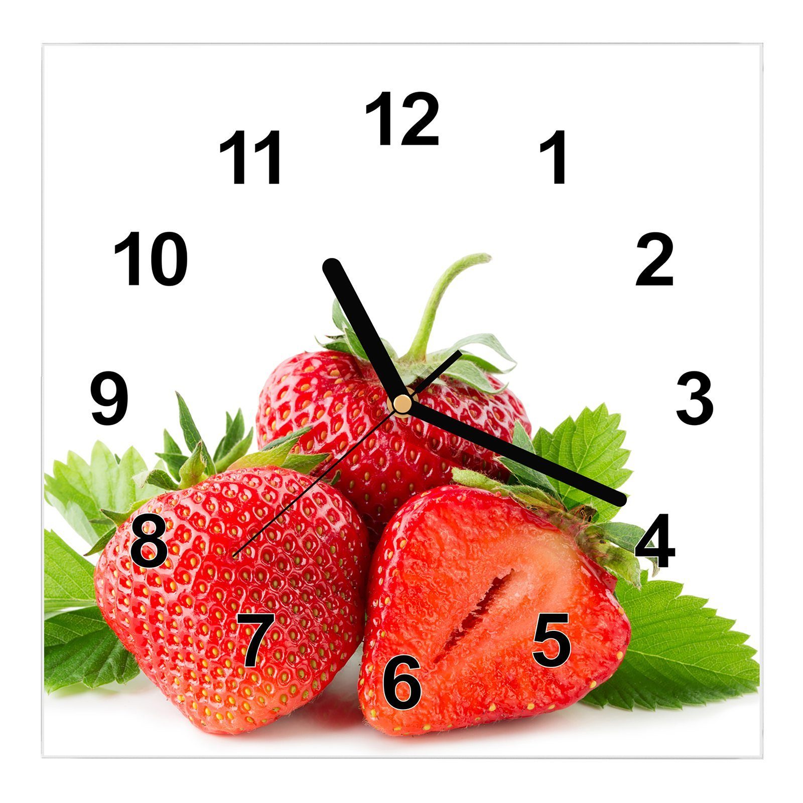 x 30 Wanduhr Wanduhr mit Wandkunst cm Größe Blättern Erdbeeren mit 30 Glasuhr Primedeco Drei Motiv