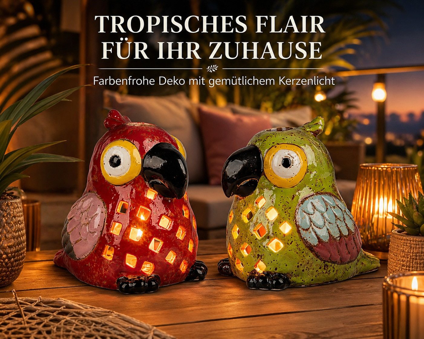 formano Teelichthalter mit Tablett Windlicht Papagei 2er Set Windlichter glänzendem Steinzeug handbemalt (Sparset)