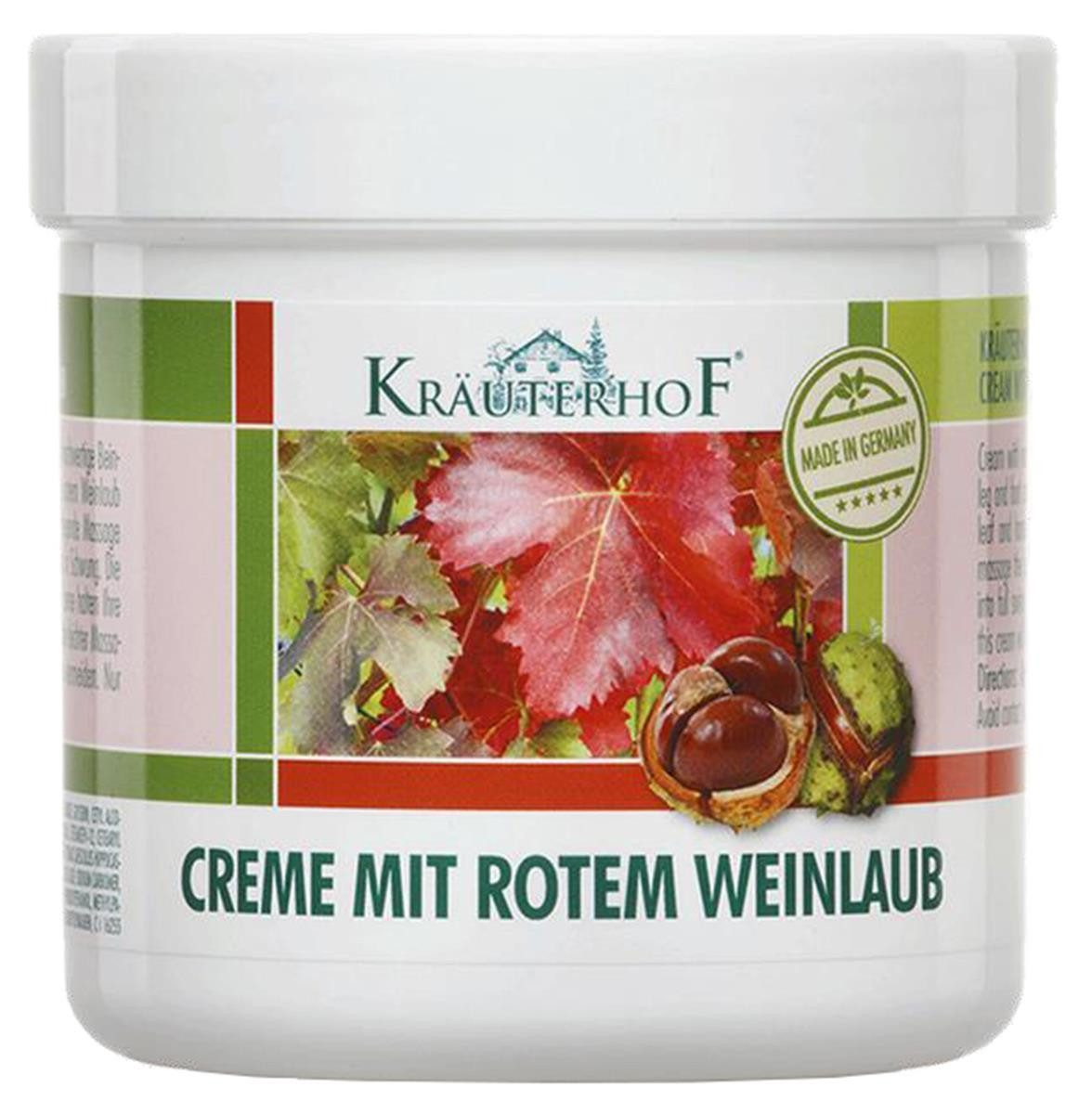 Kräuterhof Handcreme Rotweinlaub Creme Beinpflege Fußpflege 250ml für müde Beine Dose, 1-tlg., Creme Fußcreme Beincreme Venencreme Rosskastanie