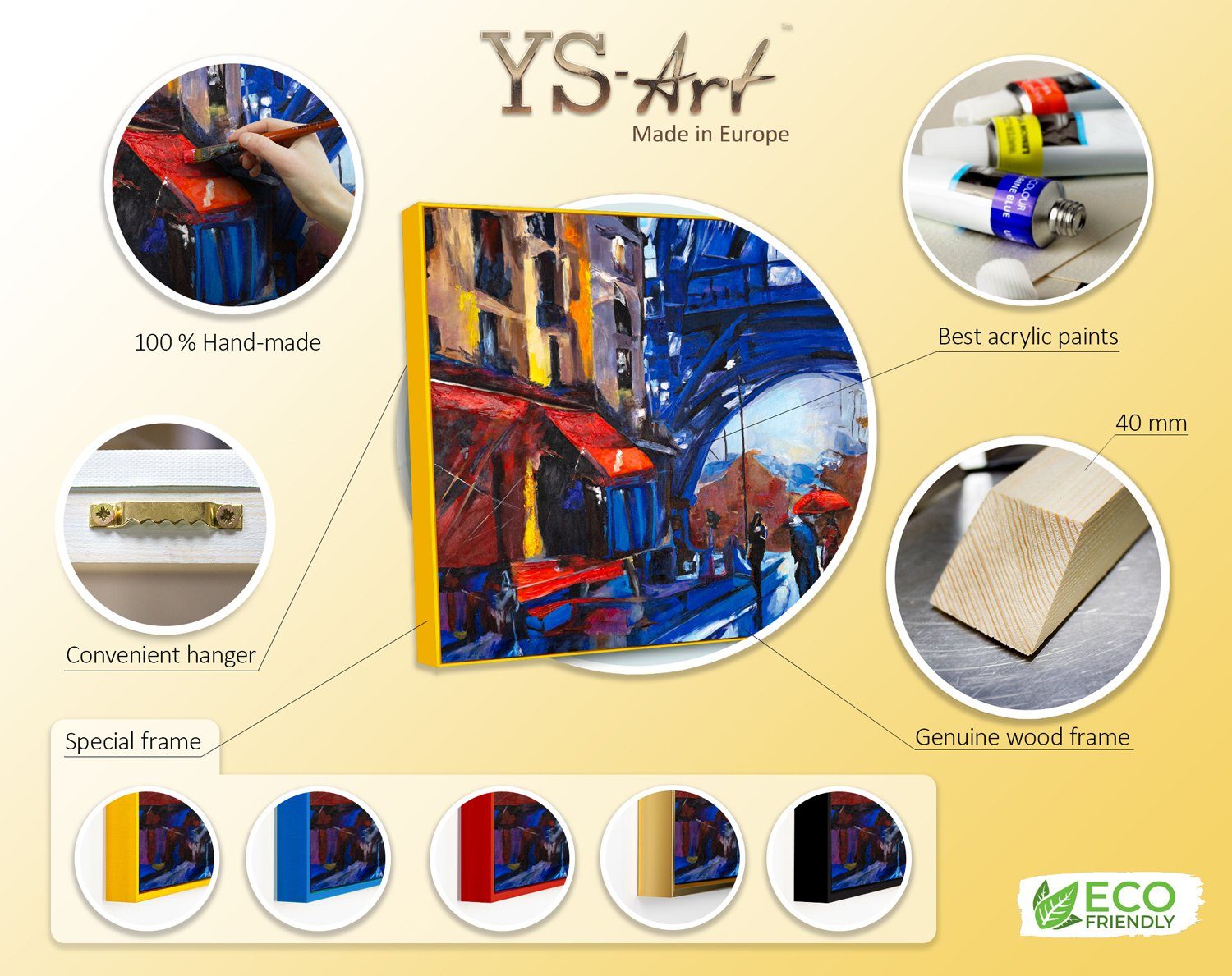 YS-Art Gemälde Straßen Rahmen Gelb Architektur Mit in von Paris