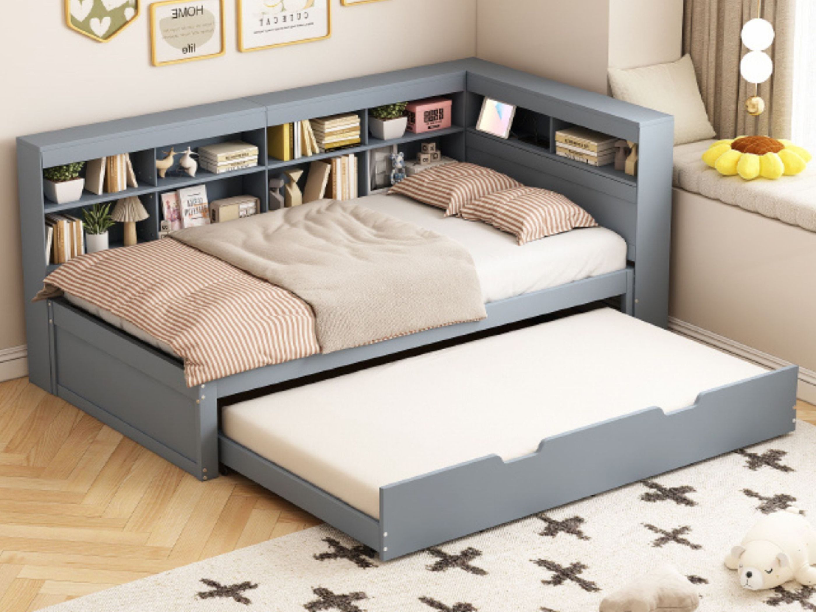 SeedWave Stauraumbett Multifunktionales Kinderbett 90x200cm mit USB-Anschlüssen, Platzsparendes Einzelbett mit Regalen