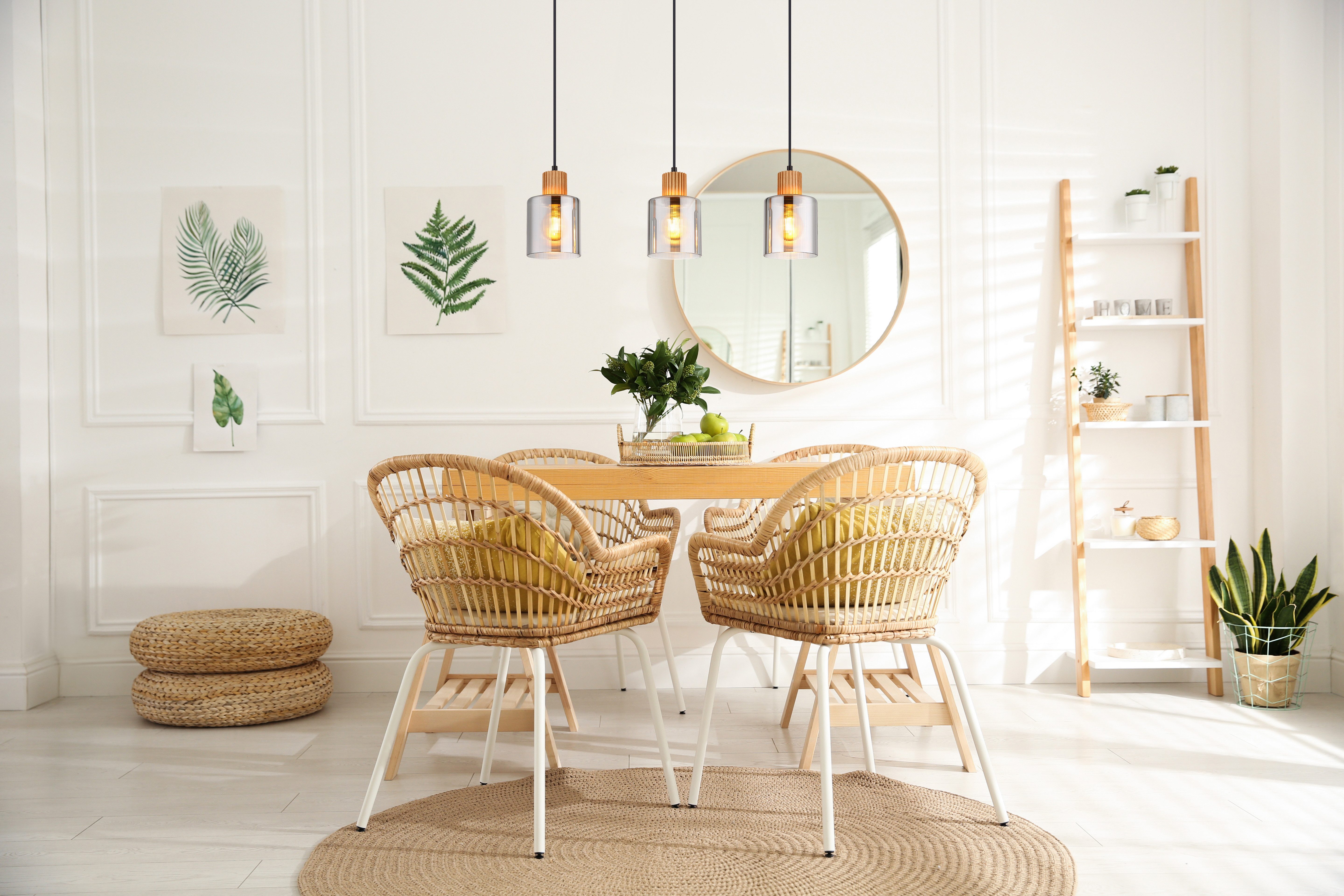 GLOBO LIGHTING Hängeleuchte ALEIDIS, ohne Leuchtmittel, Hängeleuchte Schwarz/Holz, Rauchglas, E27