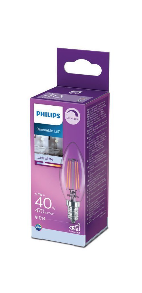 Kalt E14, 4,5W=40W Kaltweiß B35 Philips E14 DIMMBAR, klar Kerze Filament Philips LED LED-Leuchtmittel 4000K