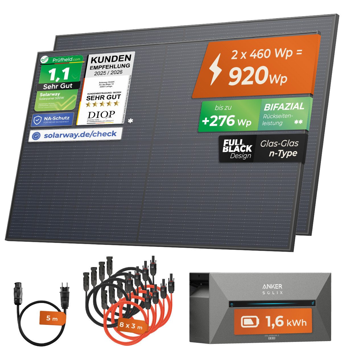 Solarway Balkonkraftwerk 920Wp / 800W All in One mit 1,6 kWh Anker 2 Pro Speicher, (460W bifaziale Solarmodule & Anker Speicher & Zubehör), komplett Steckdose Solaranlage Komplettset