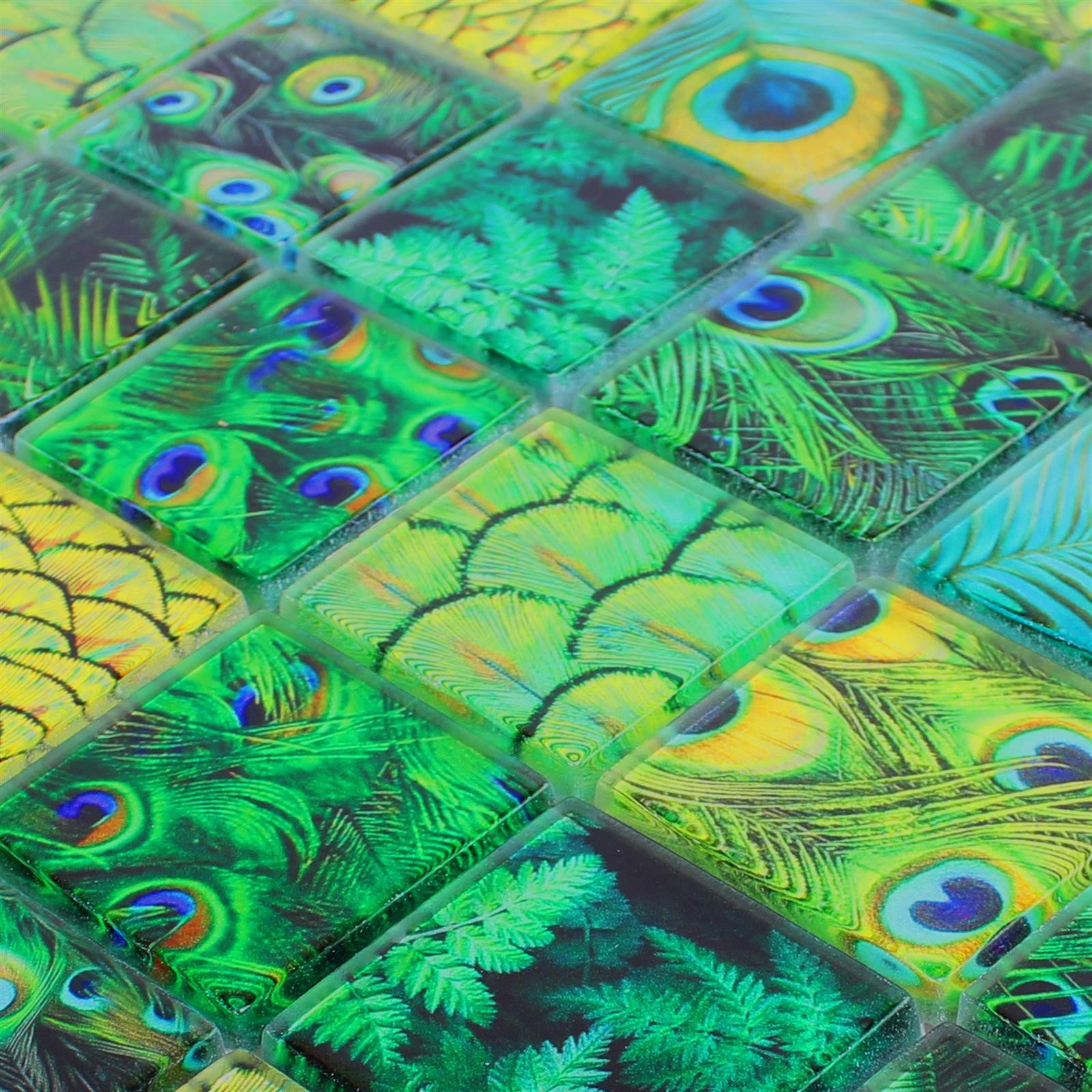 Mosafil Mosaikfliesen Glasmosaik Fliesen Peafowl, Glas 29.800x29.800, grün, Verlegefertig auf ein Netz geklebt - Wasserfest