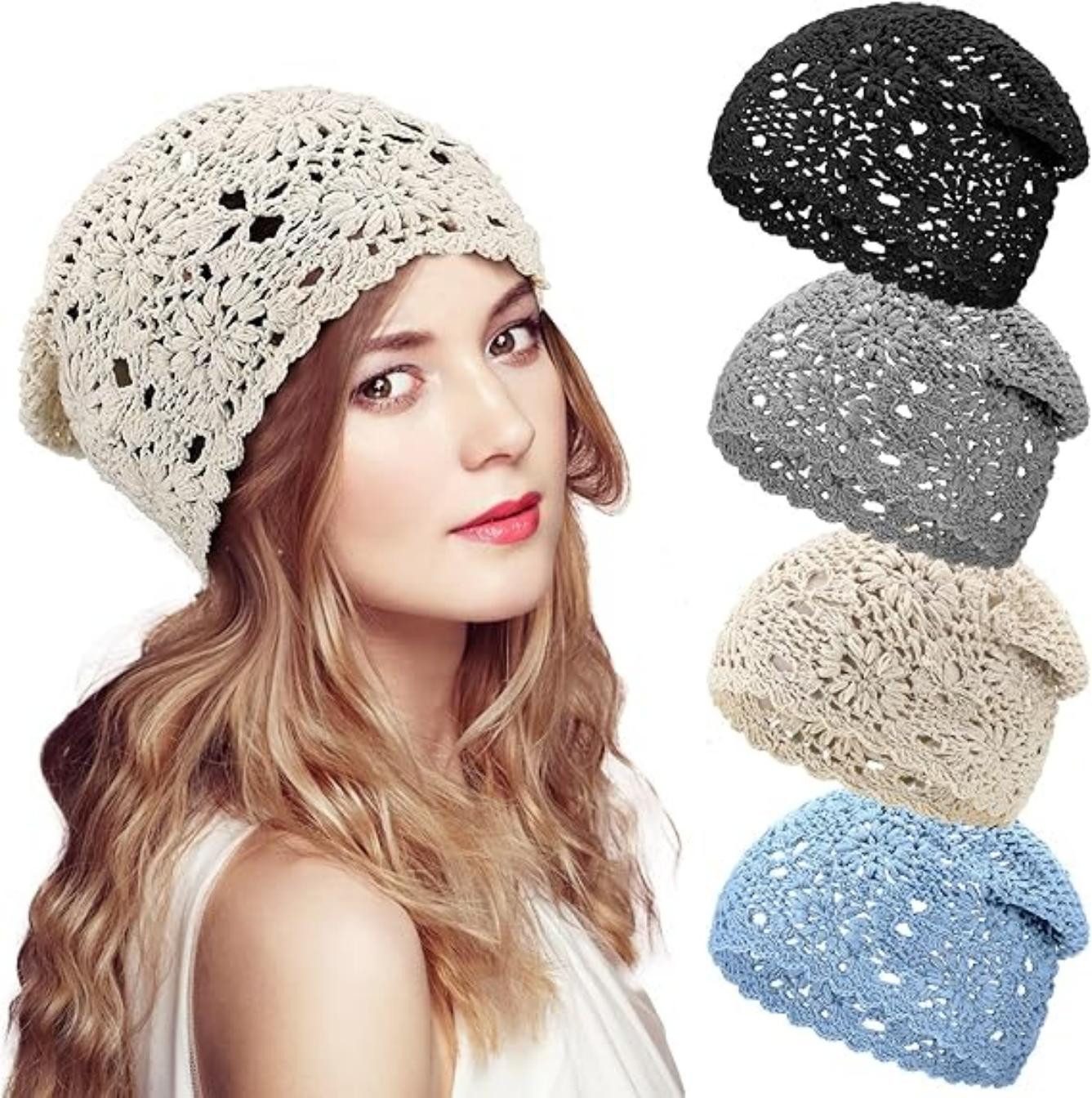 Bwecuy Beanie Baumwolle Häkelmütze Handgemachte Strick Floral Slouchy (4-St)