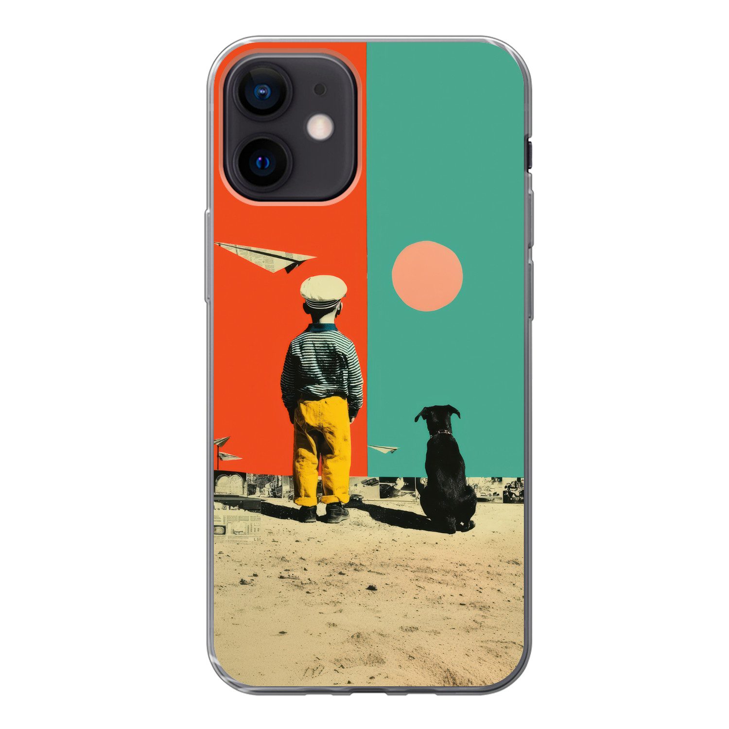 MuchoWow Handyhülle für Apple iPhone 12 Retro - Junge - Hund - Rot - Grün, Smartphone-Bumper, Print, Handy Schutzhülle Dünn