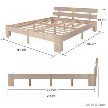 Sanzaro Massivholzbett BHSLH, Massivholzbett mit Kopfteil Lattenrost Kiefernholz 140/160/180x200 cm