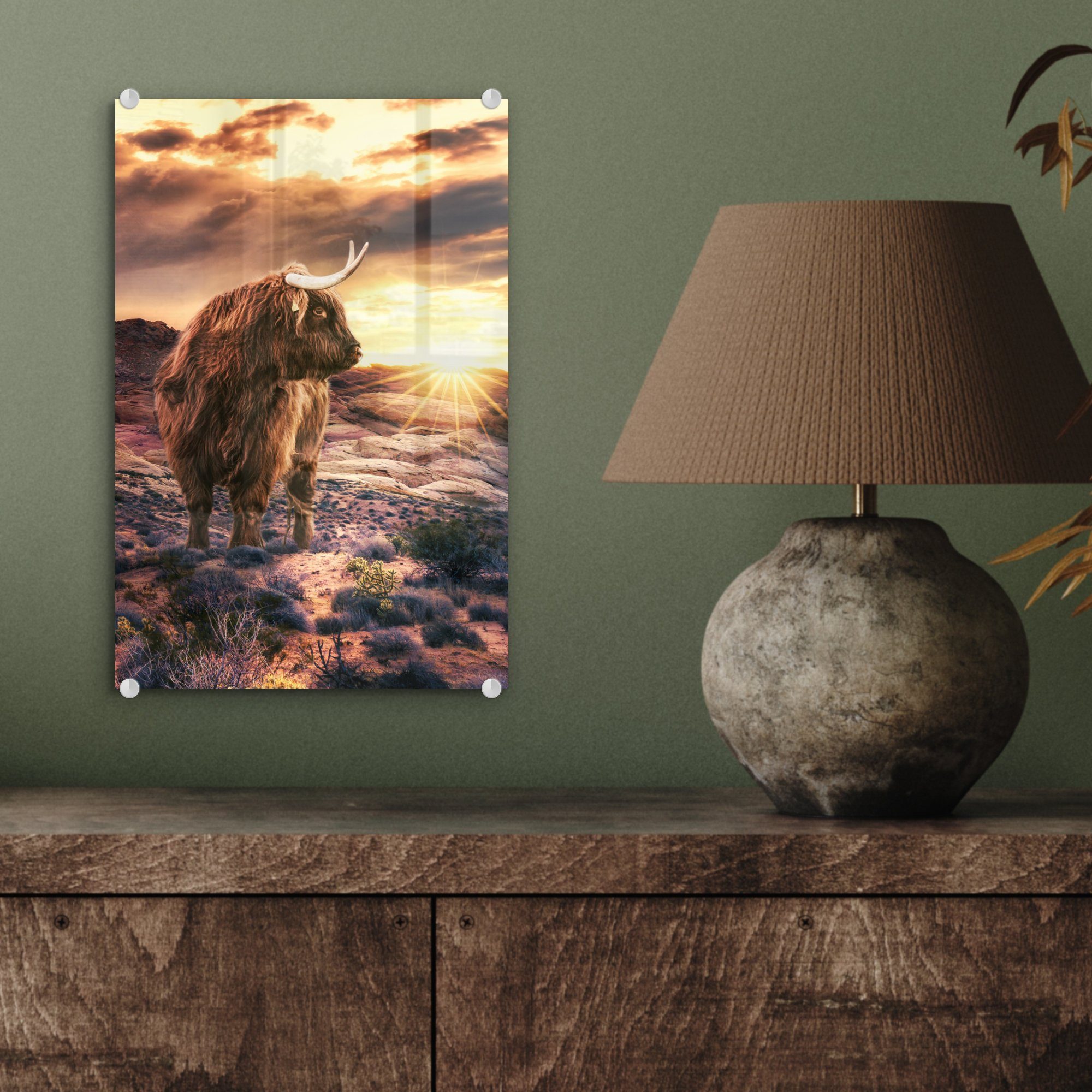 auf Schottischer - Glasbilder Acrylglasbild Foto (1 Bilder Sonnenuntergang auf Glas - Wandbild MuchoWow Tier, - St), - Highlander Wanddekoration Glas -