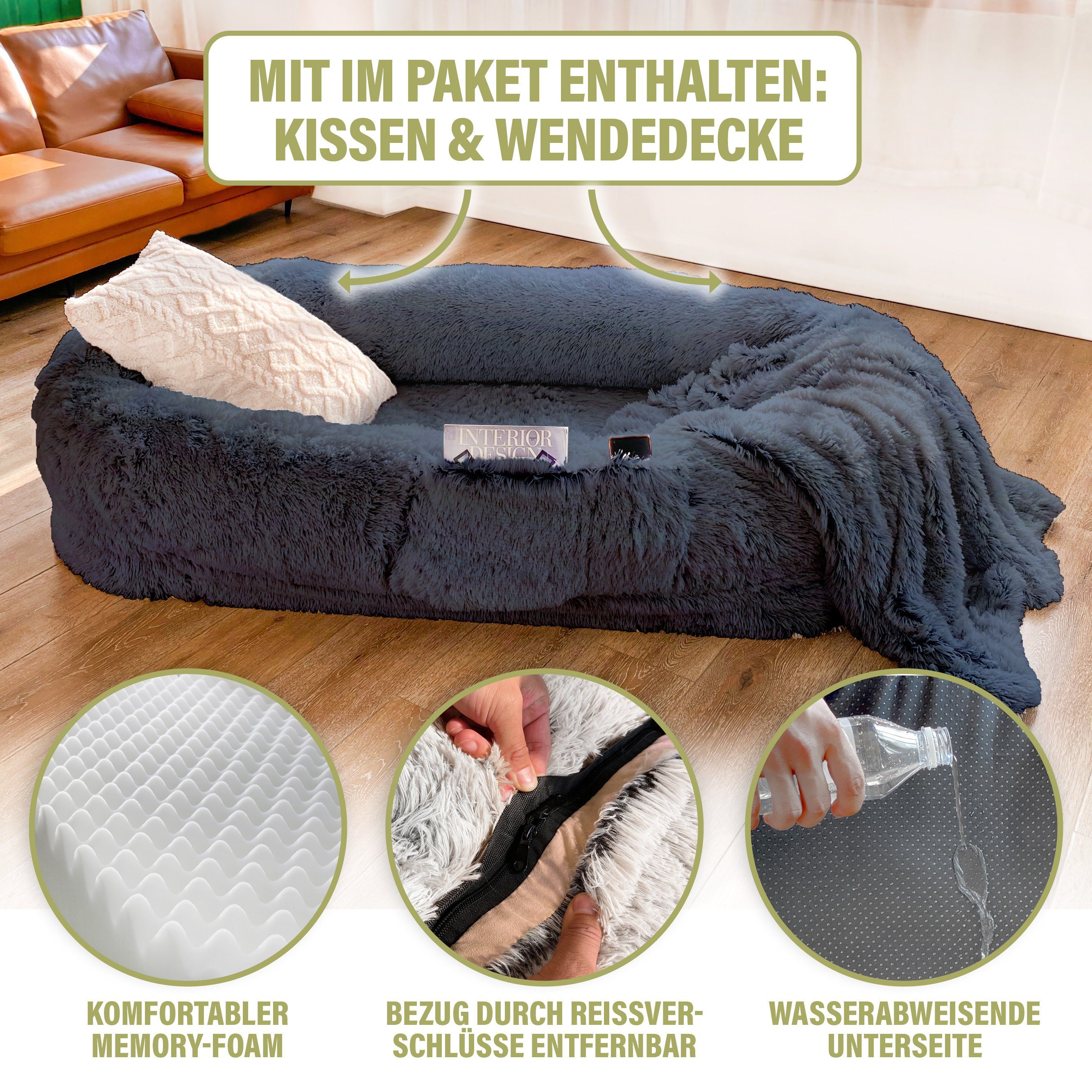 Wallace & Jones Tierbett XXL Hundebett - Ceddie Riesiges Kuschelbett für Tier und Mensch, Kunstfell, Inkl. Kissen und Decke, Schaumstoffmatratze ca. 190 x 105 x 30 cm