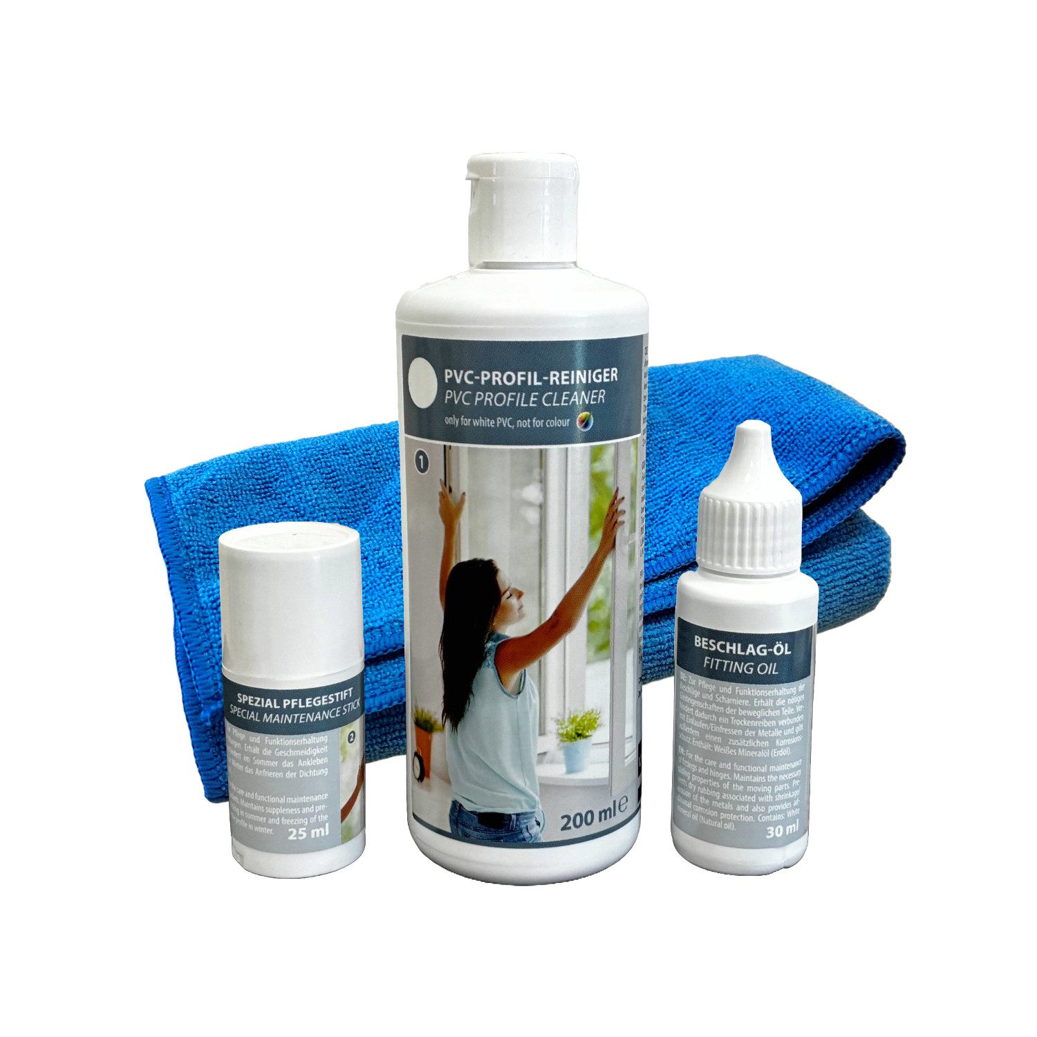 Primo24 Reinigungs-Set PVC Profil Reiniger, Pflegestift, Pflegeöl für Fenster und Türen, (3-St., inklusive Mikrofasertuch), Korrosionsschutz
