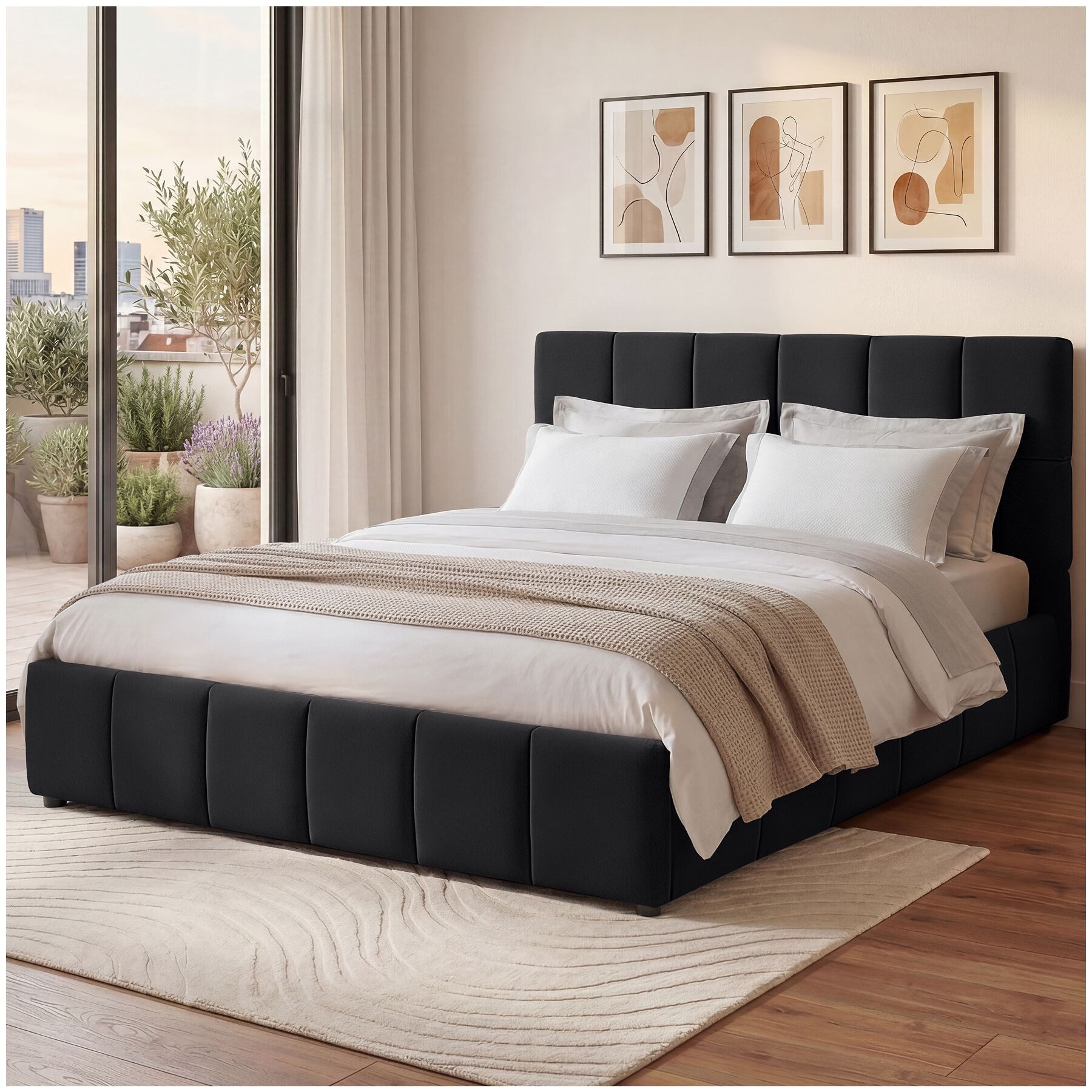 tectake Polsterbett Komplettbettset Samt 180x200 cm mit Komfortschaummatratze H2/H3 (Bettset 4-Teilig, in Samtoptik schwarz), Bezug aus atmungsaktivem 3D-Meshgewebe, hohe Belastbarkeit