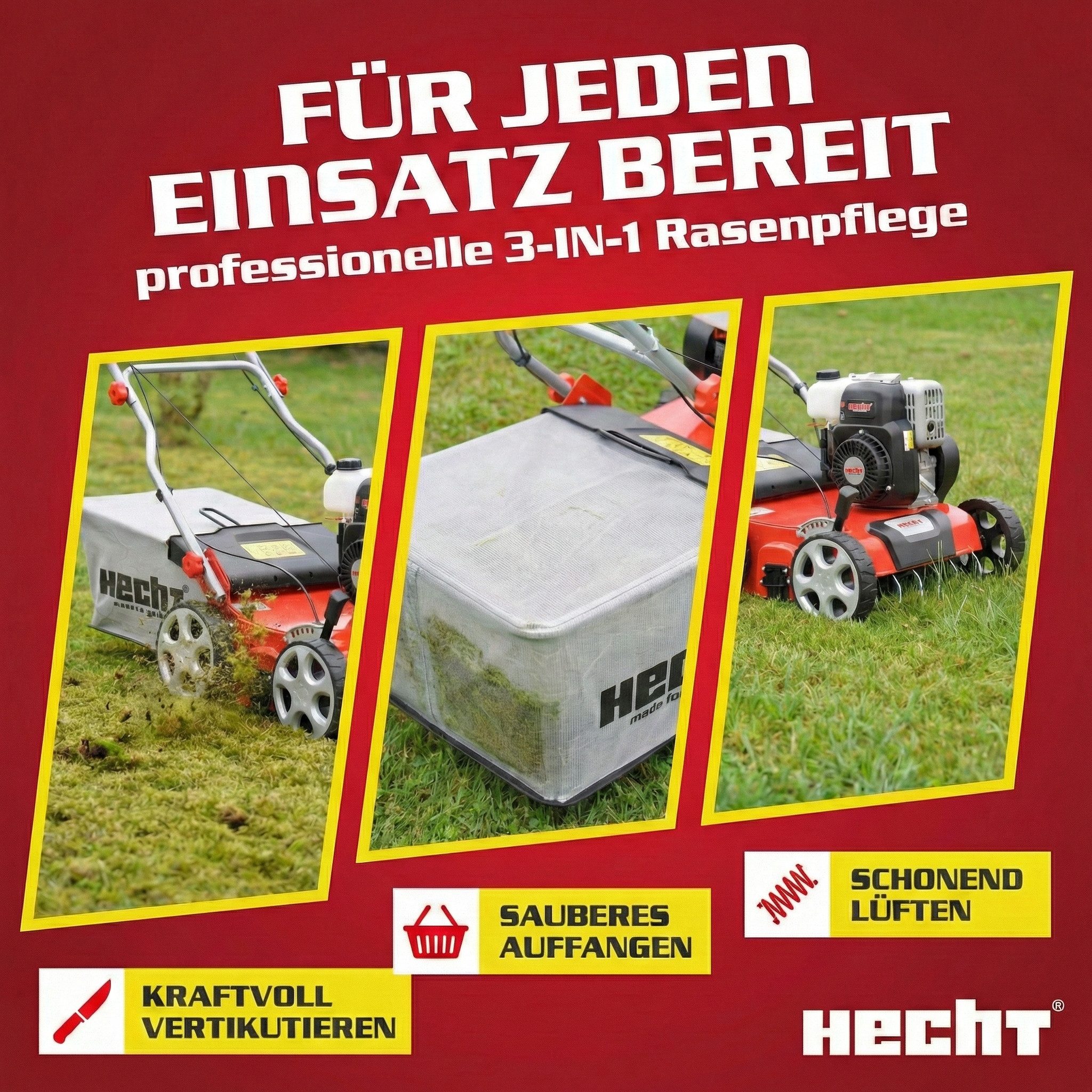 Hecht Benzin-Vertikutierer / Lüfter Rasenlüfter 5641 2in1 mit 5,5 PS, 40,00 cm Arbeitsbreite, 18 Messer, 24 Federkrallen, Stahlgehäuse