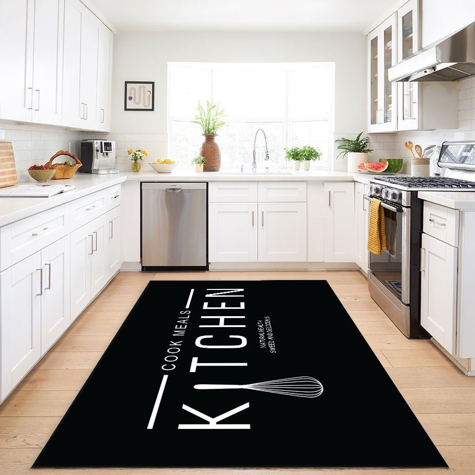 Teppich Kitchen Cook Meals Küchenläufer Schwarz Waschbar & Praktisch, Jungengel Textilien, Höhe: 6 mm, Universell einsetzbar, Fußbodenheizungsgeeignet