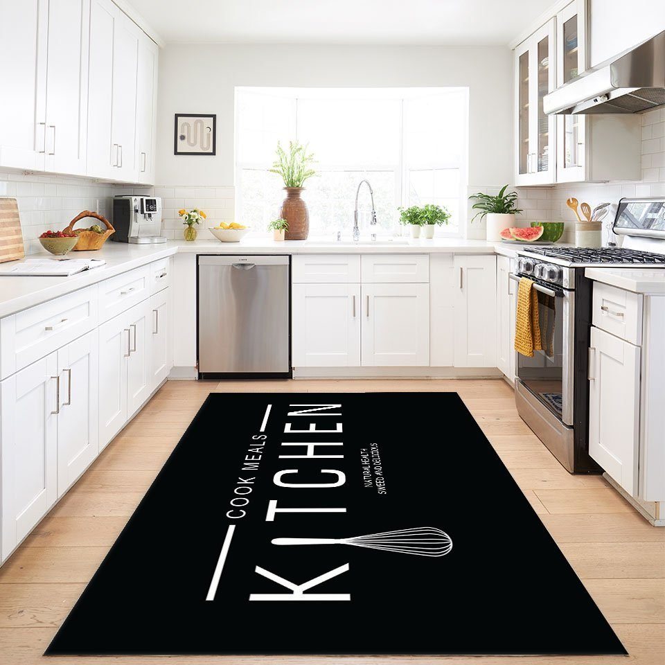 Teppich Kitchen Cook Meals Küchenläufer Schwarz Waschbar & Praktisch,  Jungengel Textilien, Höhe: 6 mm, Universell einsetzbar,  Fußbodenheizungsgeeignet