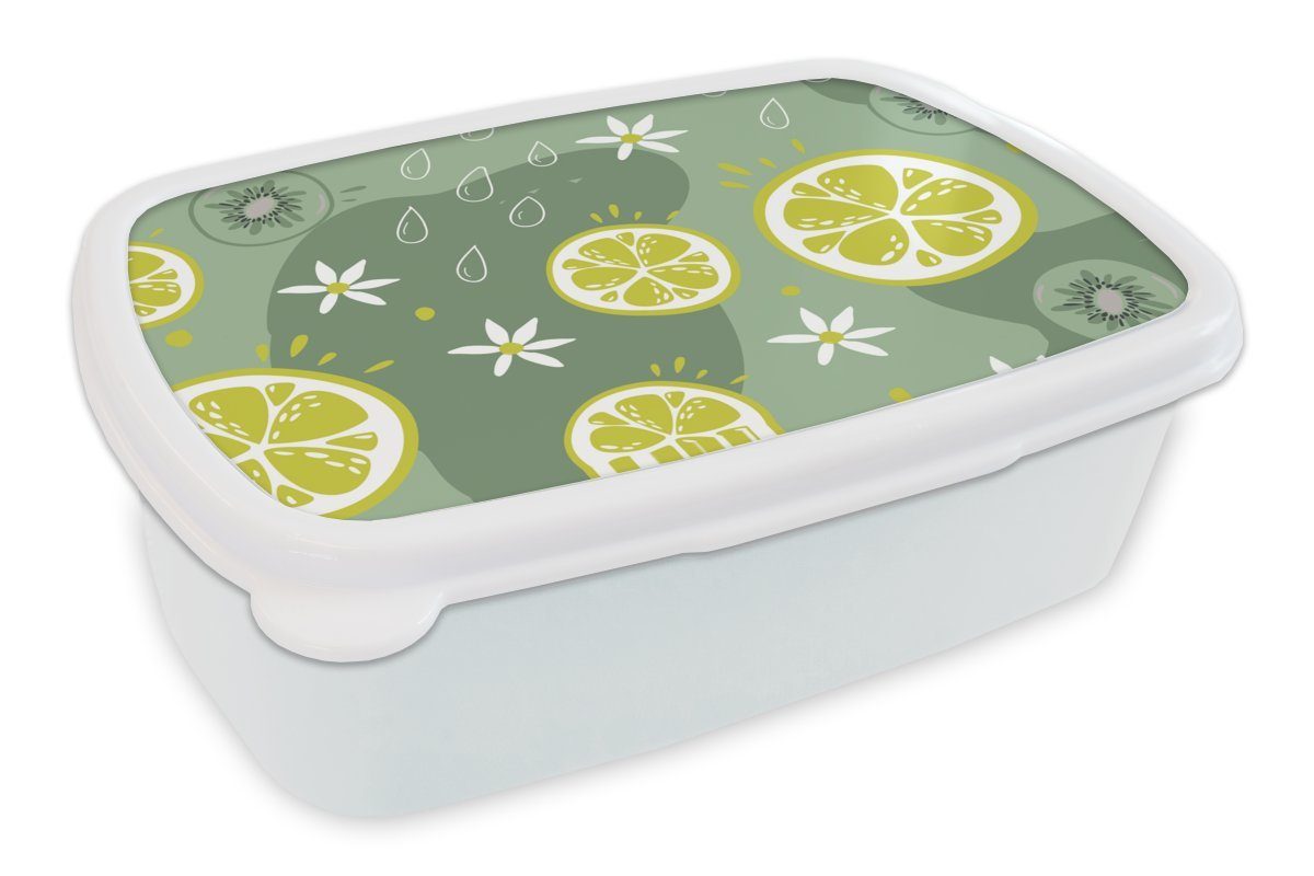 MuchoWow Lunchbox Sommer - Zitrusfrüchte - Kiwi - Blumen, Kunststoff, (2-tlg), Brotbox für Kinder und Erwachsene, Brotdose, für Jungs und Mädchen weiß
