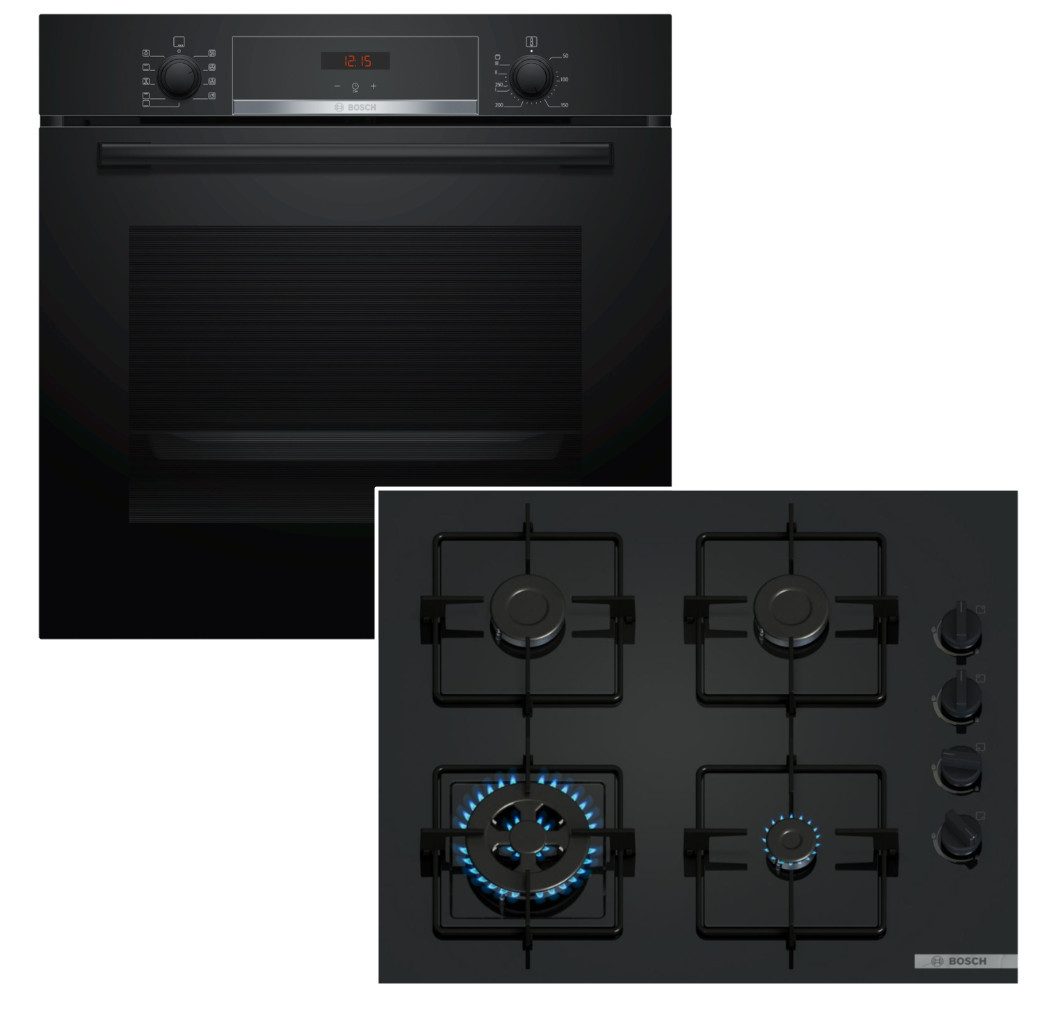 BOSCH Backofen-Set Backofen 3DHeißluft Hydrolyse Teleskopauszug + Gaskochfeld Wokbrenner, mit 1-fach Teilauszug