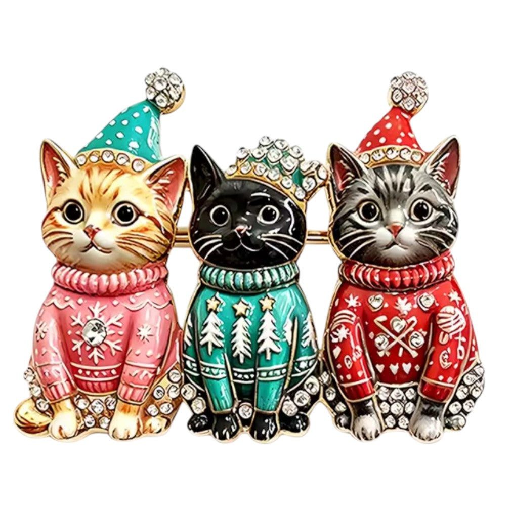 Dark-Desires Brosche Brosche Weihnachten "Katzen im Weihnachtspullover – Emaille & Strass, Damen Brosche vintage Accesssoire retro Anstecknadel