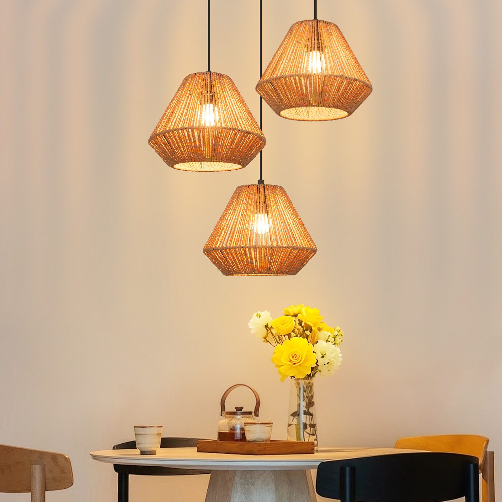 ZMH Pendelleuchte E27 3 Flammige Vintage Hängelampe Boho Papiergarn Deckenlamp, ohne Leuchtmittel