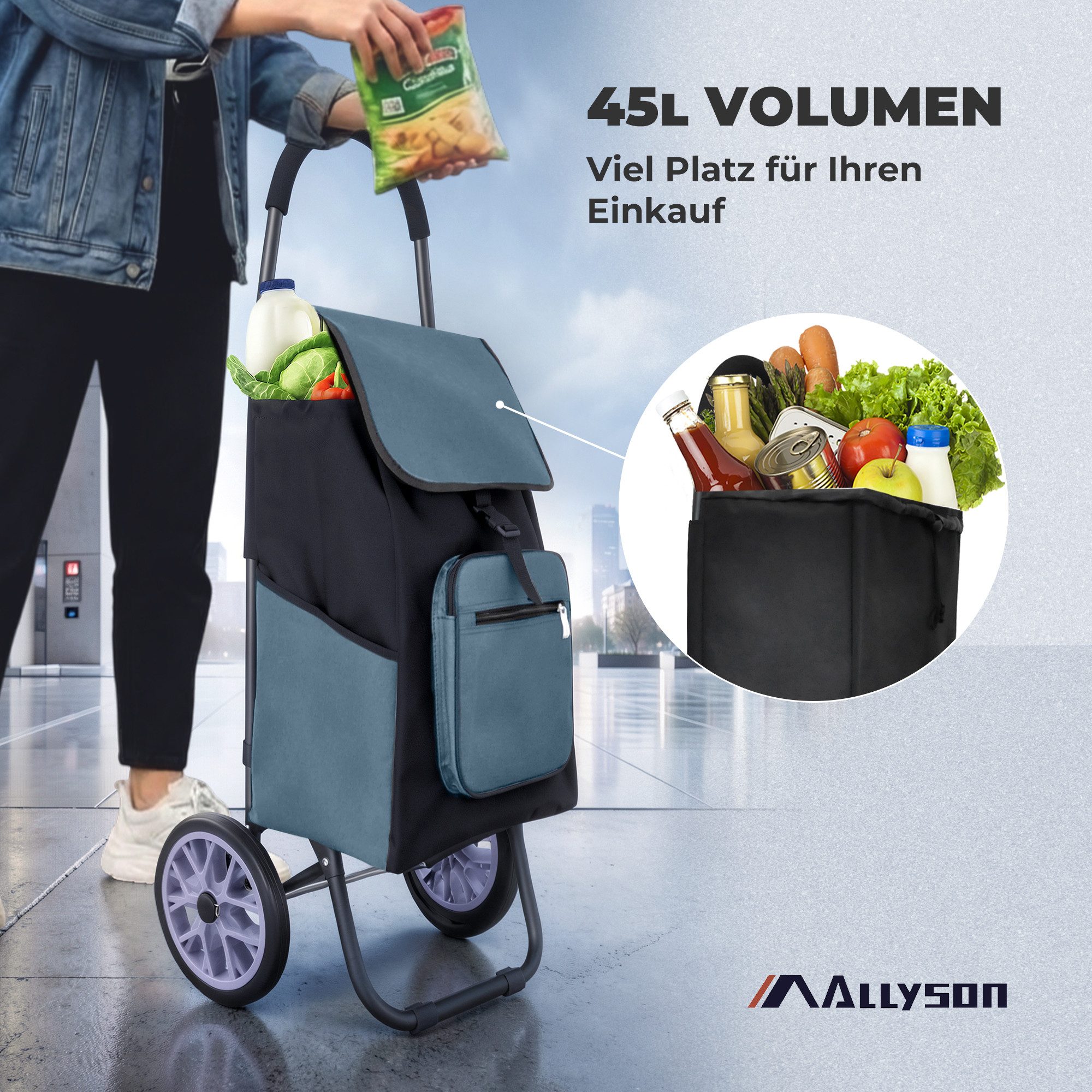 Allyson Einkaufstrolley Allyson Einkaufswagen Trolley Klappbar – Belastbar & Geräuschlos, 45 l, Klappbares Leichtbau-Gestell mit ergonomischem Soft-Touch-Griff