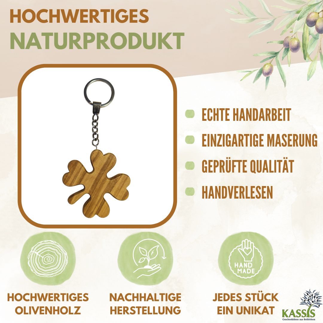Kassis Geschenkartikel Schlüsselanhänger Kleeblatt Olivenholz Schlüsselring Geschenk Talisman Glücksbringer, handgefertigt in Bethlehem, Geschenk zu mehreren An – Bild 2 von 5