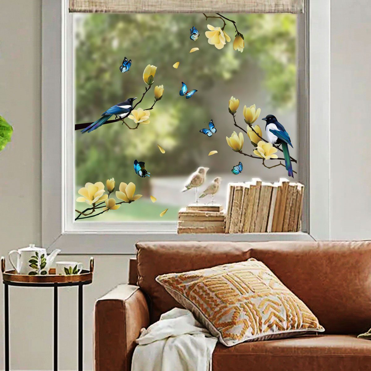 Juoungle Fensterbild 2 set Statische Fensteraufkleber,Frühlingsblume,Vogel,Schmetterling
