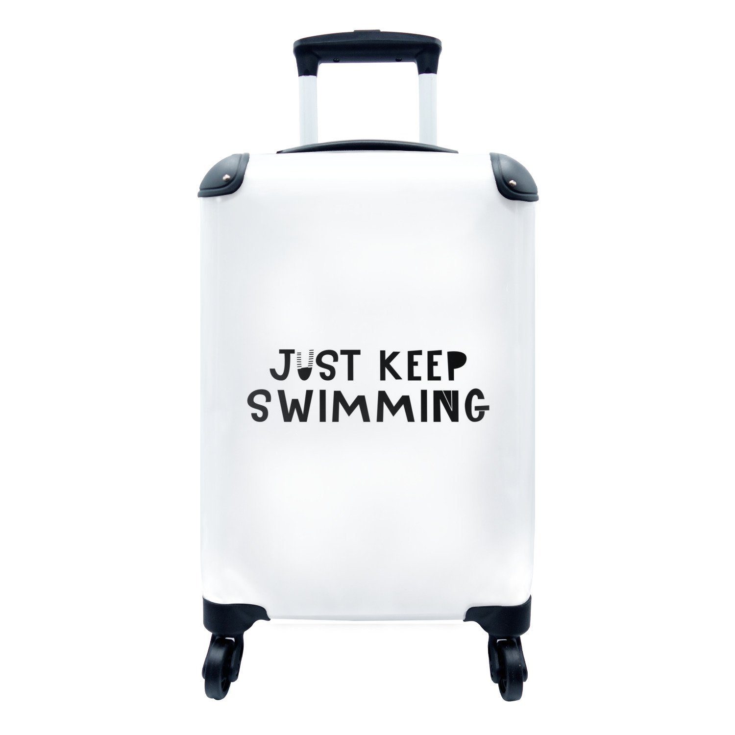 MuchoWow Handgepäckkoffer Kinderillustration mit dem Zitat 'Just keep swimming' auf weißem, 4 Rollen, Reisetasche mit rollen, Handgepäck für Ferien, Trolley, Reisekoffer