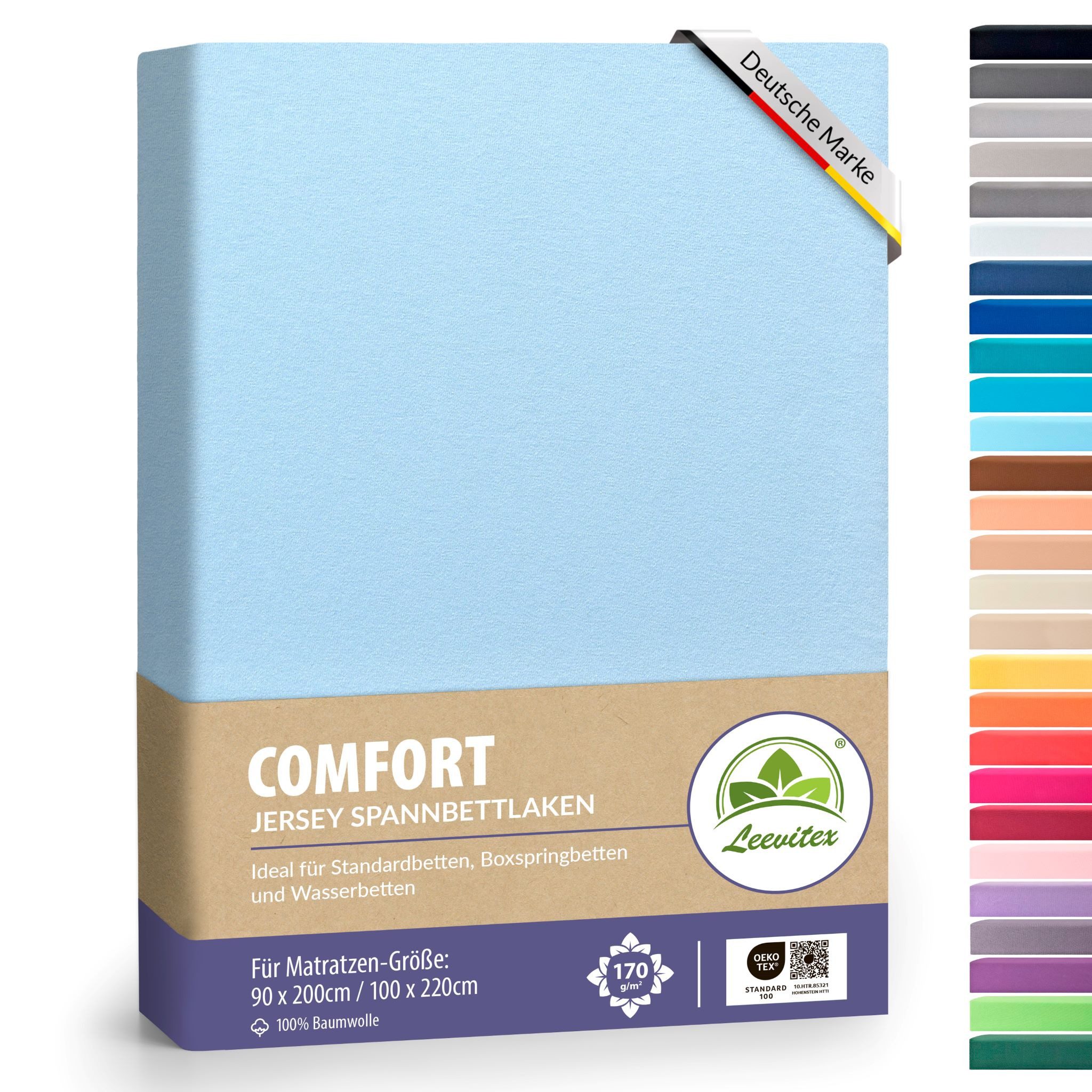 leevitex® Spannbettlaken verschiedene Größen, Stoffgewicht 170 g/m², 40 cm Steghöhe, Jersey, Gummizug: rundum, (1 Stück), verschiedene Farben, OEKO-TEX® STANDARD 100 zertifiziert